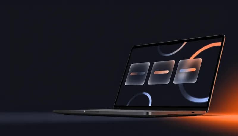 Dark SaaS dashboard on an unbranded laptop illustrating Claude API token economics, abstract usage cards and circular gauges glowing orange and blue on deep navy
