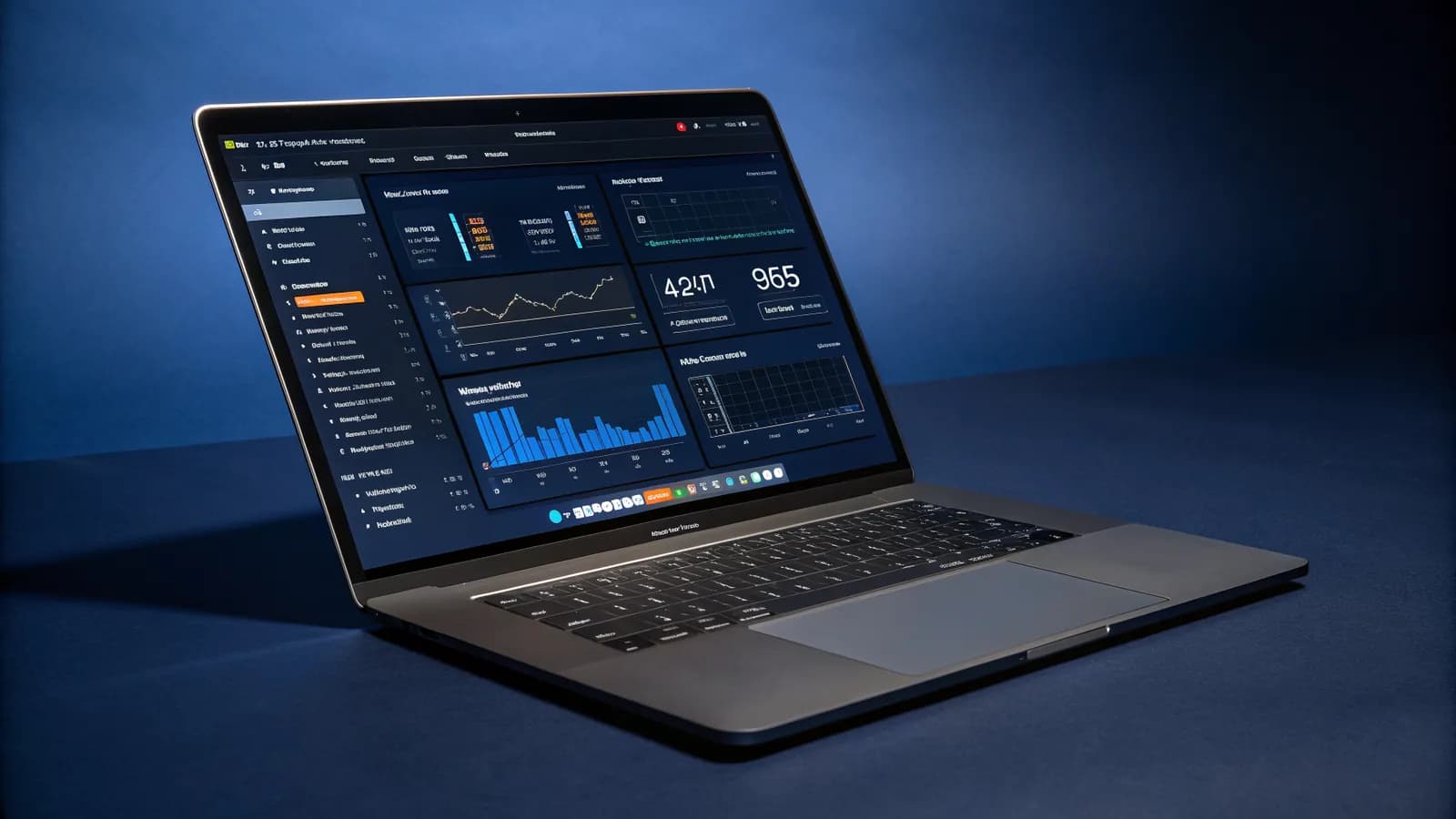 Martech stack build order 2026 — dark SaaS dashboard on a laptop showing the five stack layers and headline stack metrics